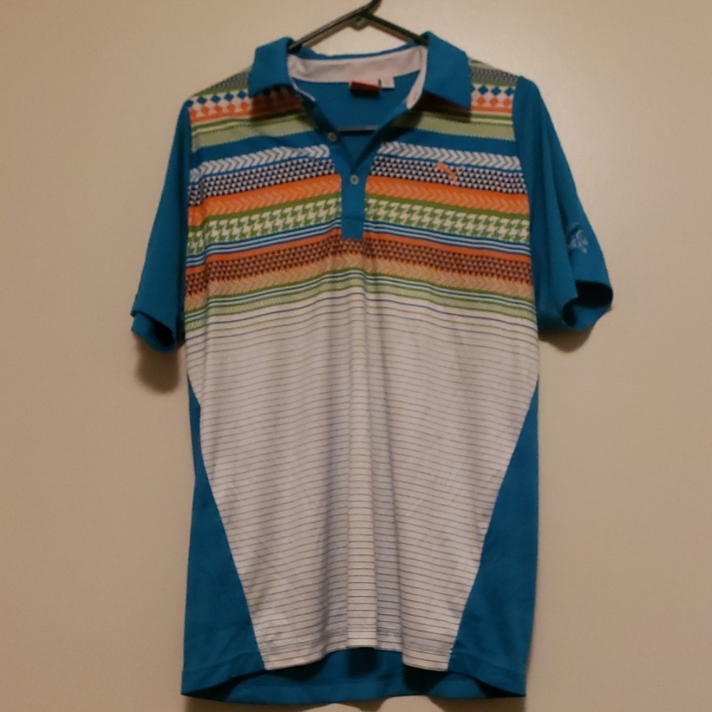 Puma Mens golf polo teal striped size M